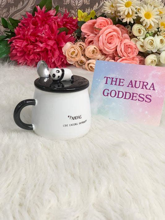 Panda Ceramic Mug with lid and spoon