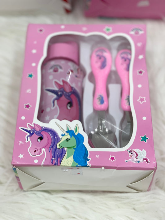Unicorn bottle and cutlery set