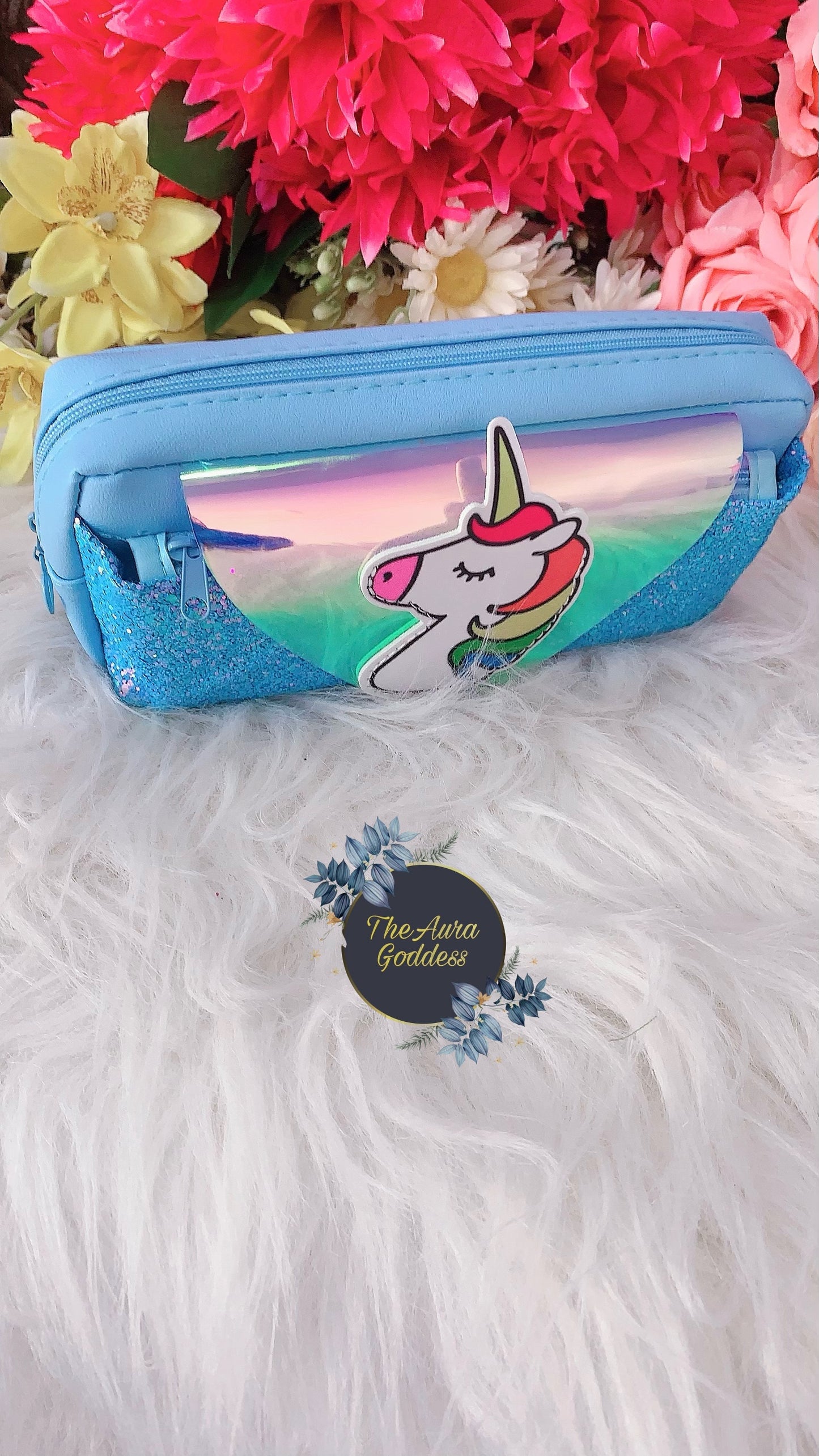 Unicorn glitter blue stationery pouch