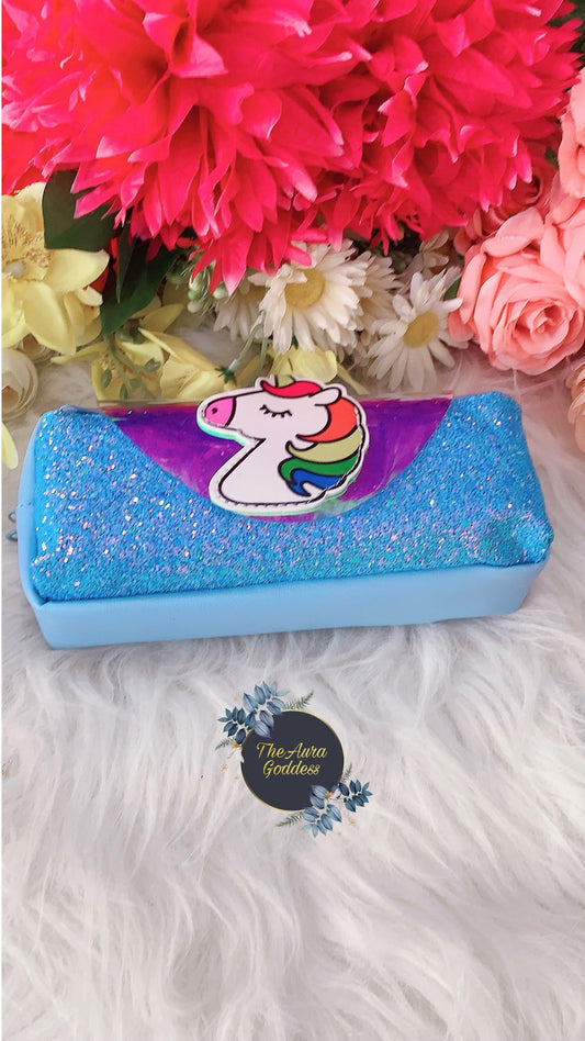 Unicorn glitter blue stationery pouch