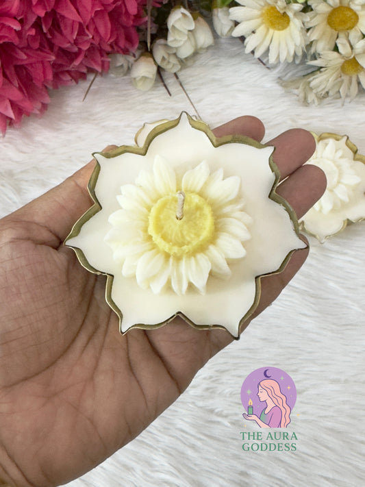 Daisy and sunflower mini urli soy wax candle with gift box front view by The Aura Goddess