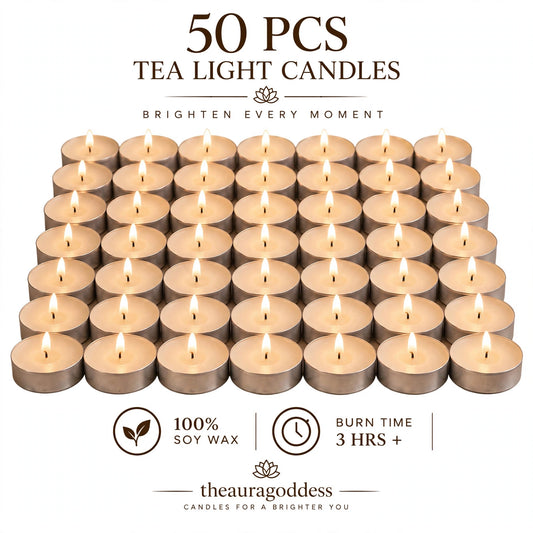 50 Pcs White Unscented Soy Wax Tea Light Candles with 3+ Hours Burn Time - Smokeless for Pooja and Diwali by The Aura Goddess