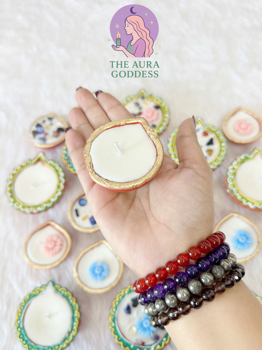 Golden Glow Diya Candle with Dried Flowers Herbs and Healing Crystals - 80gm Soy Wax Handcrafted Diwali Diya by The Aura Goddess