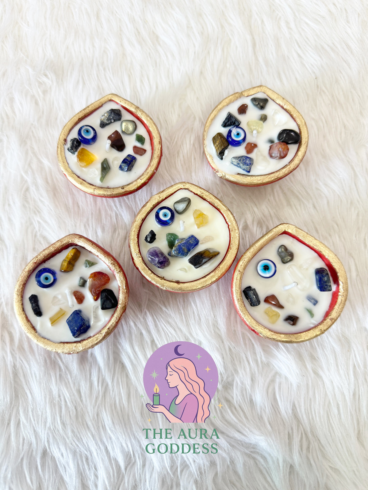 Golden Glow Diya with Healing Crystals Herbs and Dried Flowers for Positive Energy