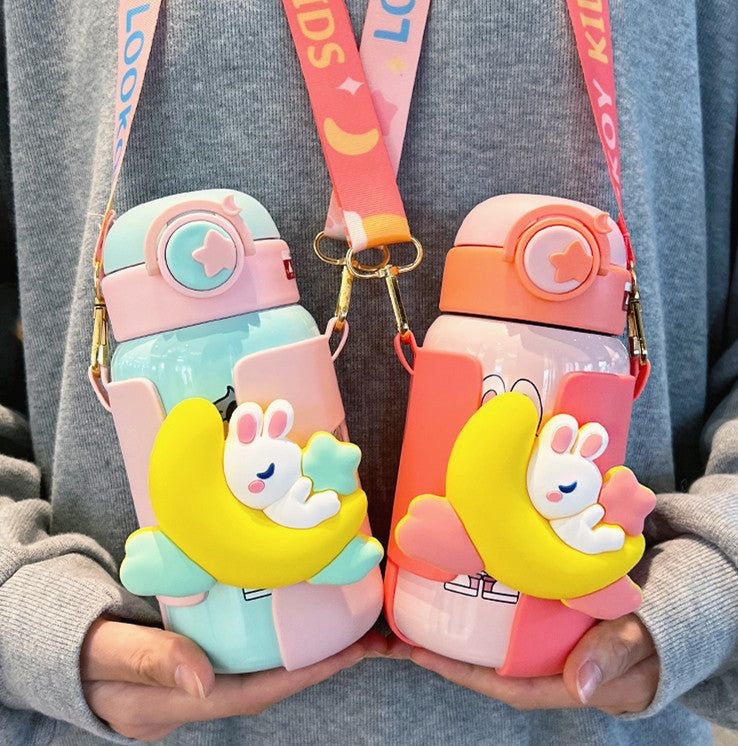 Kawaii rabbit water bottle with strap