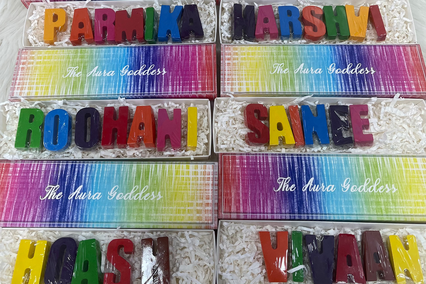Gift box packing of single color blue name crayons by The Aura Goddess